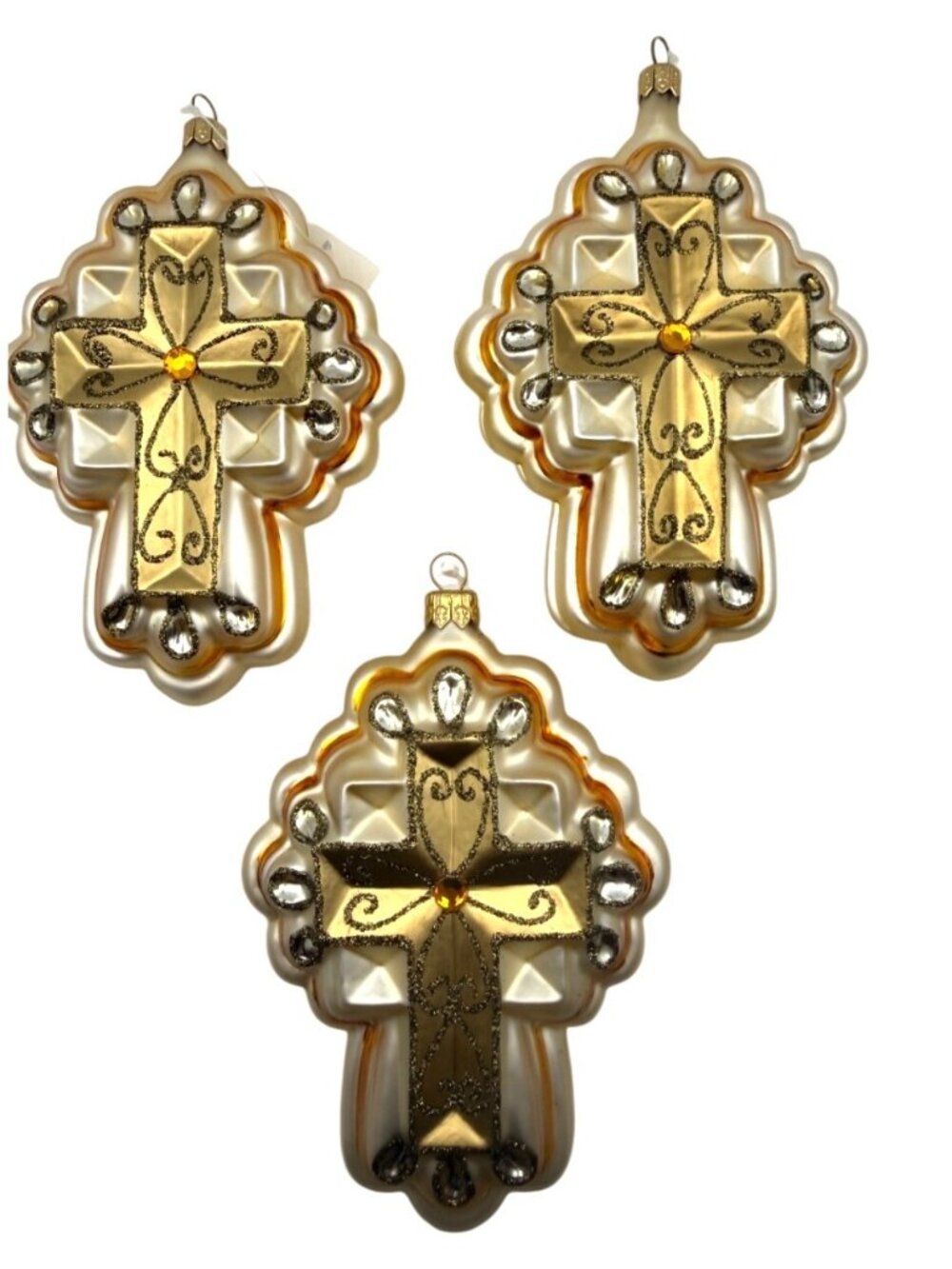 Blown Glass Cross Christmas Ornaments Set of 3 Hand Painted Cream Gold Romania